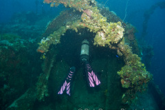collapsed smoke stack on the Unkai Maru