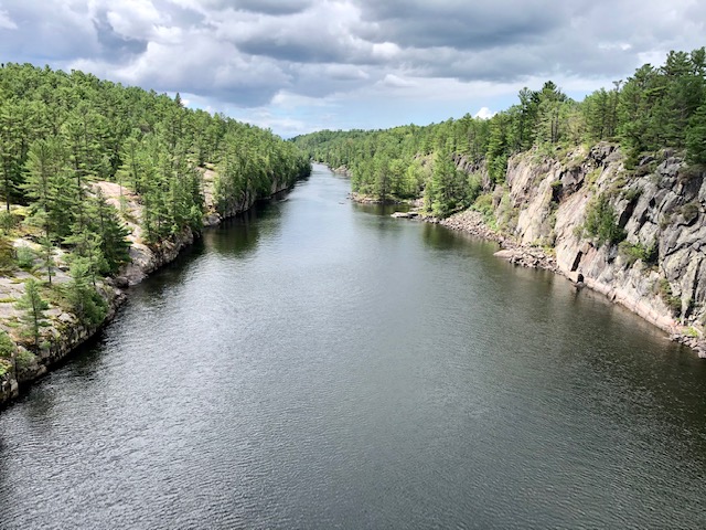 view of the french river from the suspension bridge at the visitor's center 